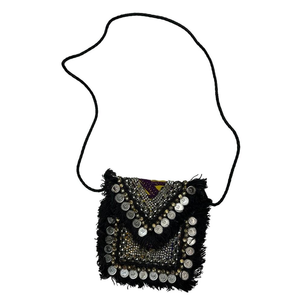 Vipul shah Bohemian Black & Silver Crossbody bag Beadwork & Coin Embellishments